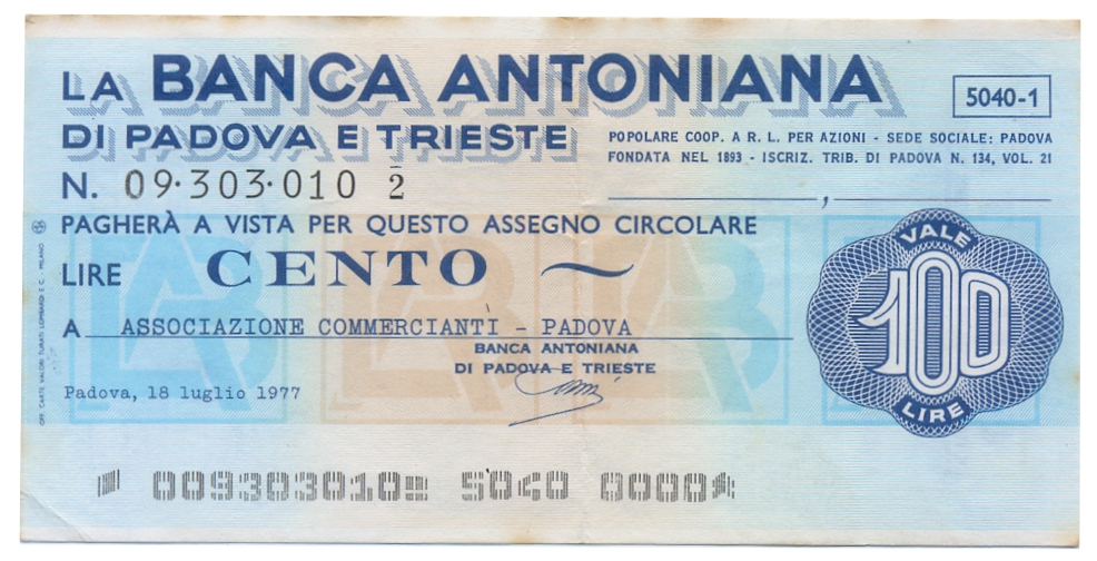 Italia Cheque Vale Banca Antoniana 100 Liras 1977  - Numisfila