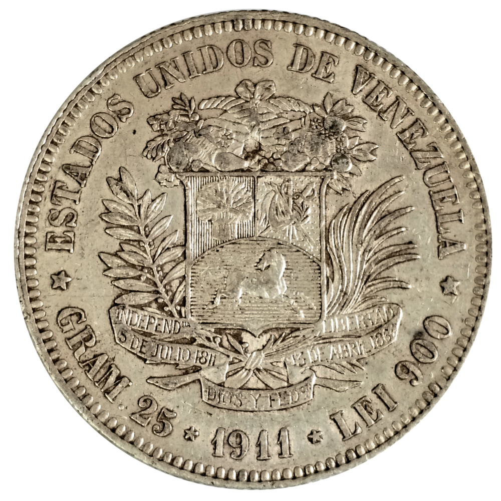 Fuerte Moneda de Plata 5 Bolívares 1911 Fecha Ancha - Numisfila