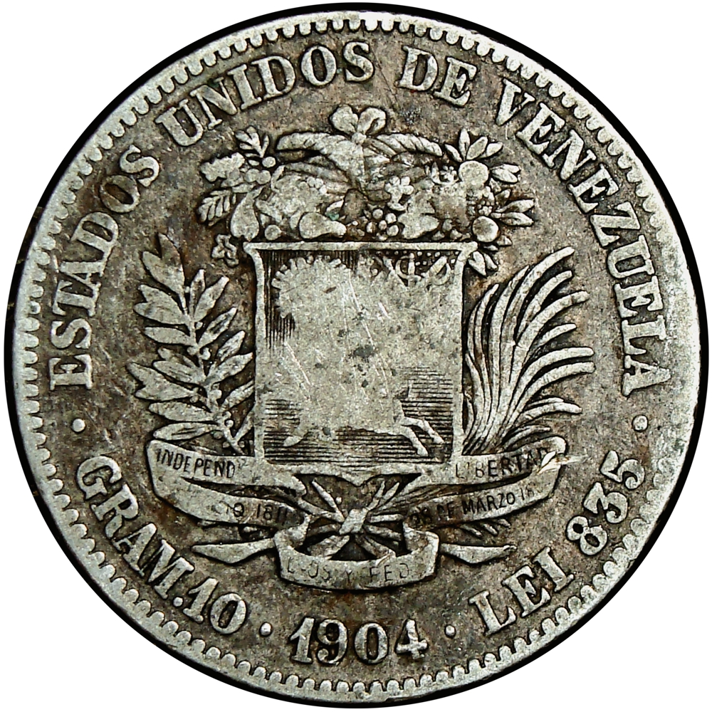 Moneda de Plata 2 Bolívares 1904 Variante "04" Pequeños - Numisfila