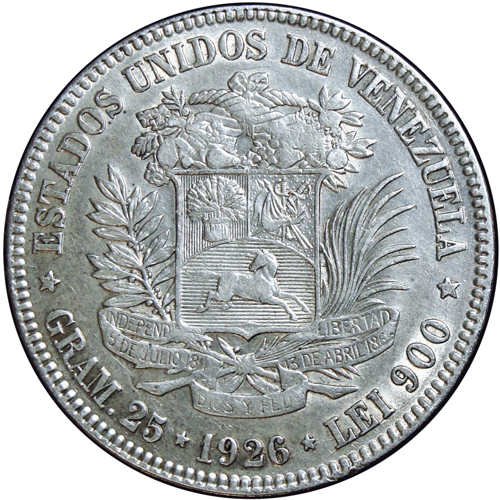 Fuerte Moneda de Plata 5 Bolívares 1926 Fecha Normal - Numisfila