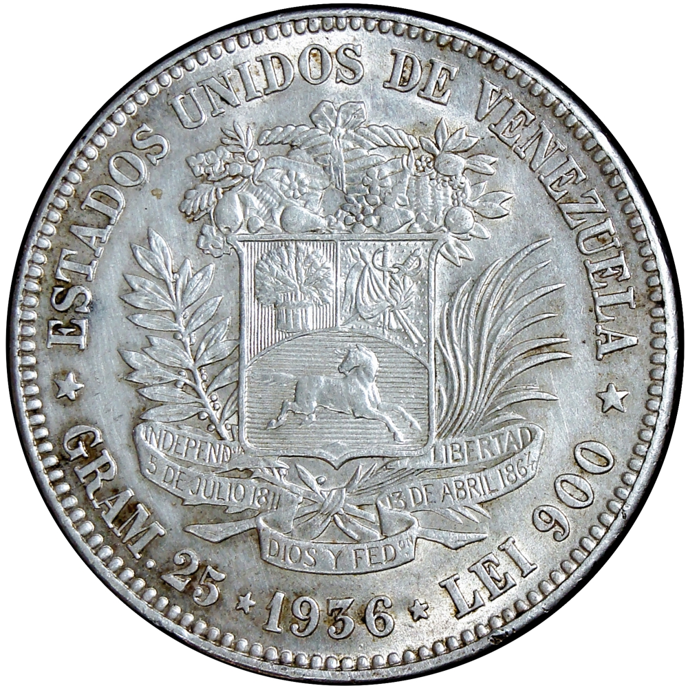 Fuerte Moneda de Plata 5 Bolívares 1936 Fecha Ancha - Numisfila