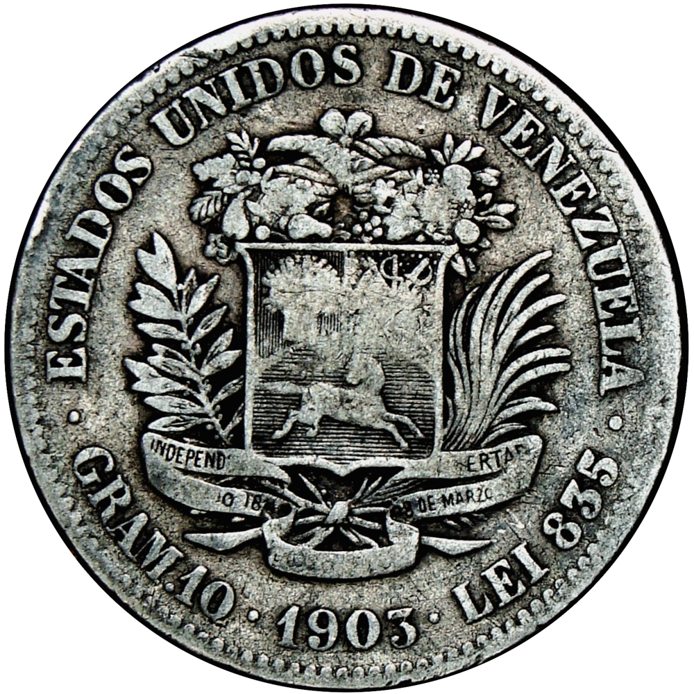 Moneda de Plata 2 Bolívares 1903 - Variante 3 Alineado - Numisfila
