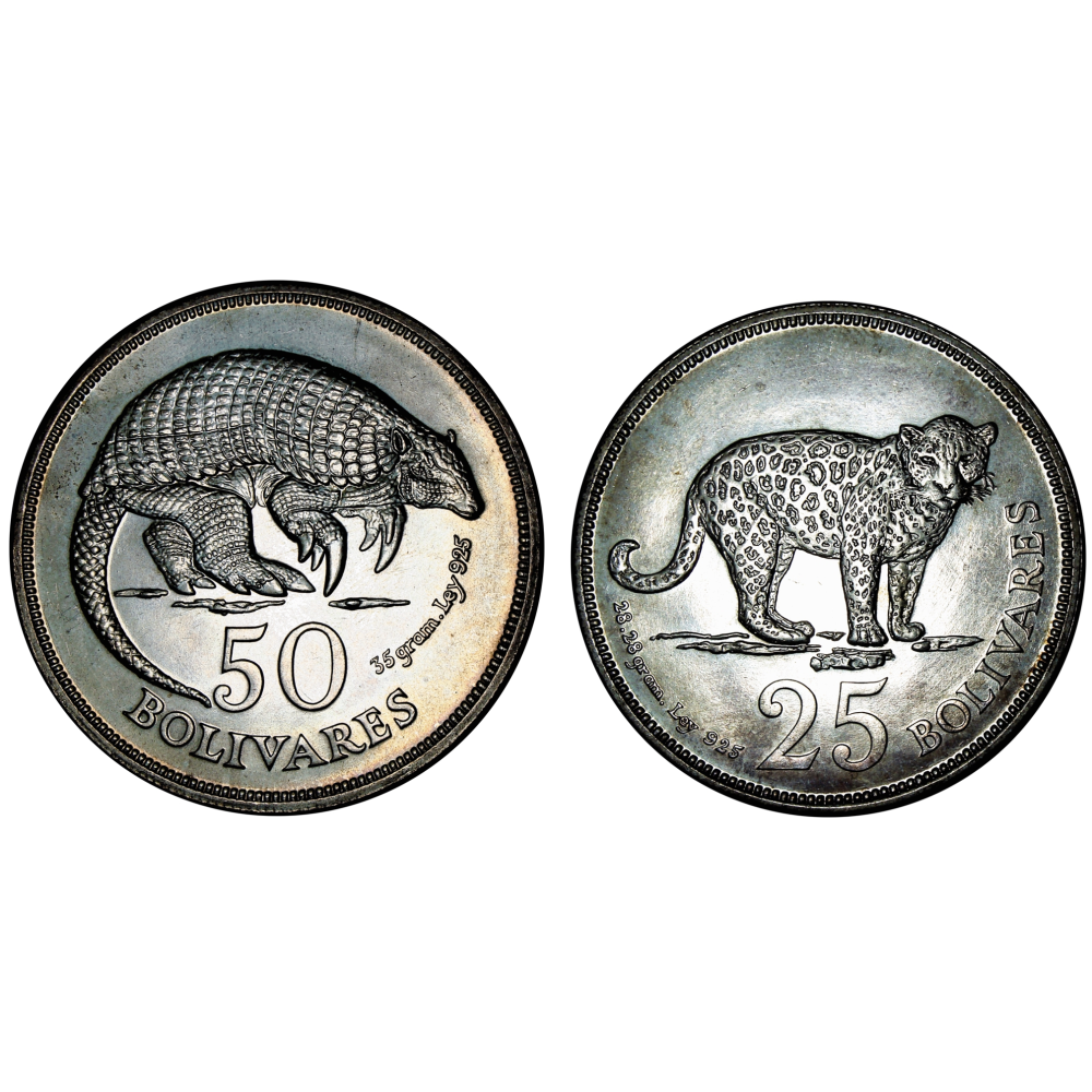 Cachicamo y Jaguar 1975 Monedas 50 y 25 Bolívares Pareja de Fauna  - Numisfila