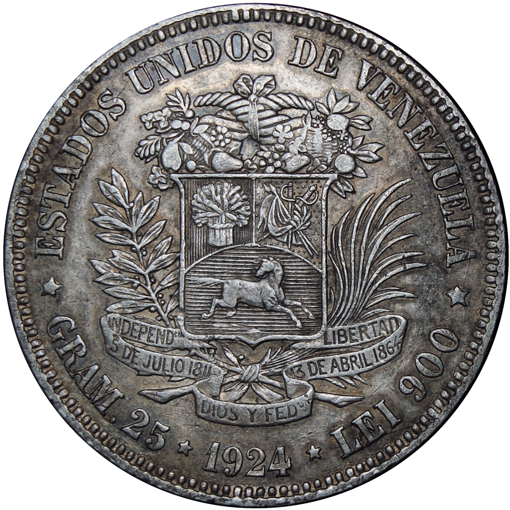 Moneda de Plata 5 Bolívares 1924 Fuerte 9 Bajo - Numisfila