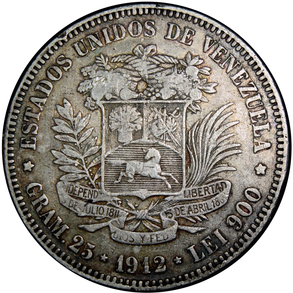 Fuerte Moneda de Plata 5 Bolívares 1912 Fecha Ancha - Numisfila