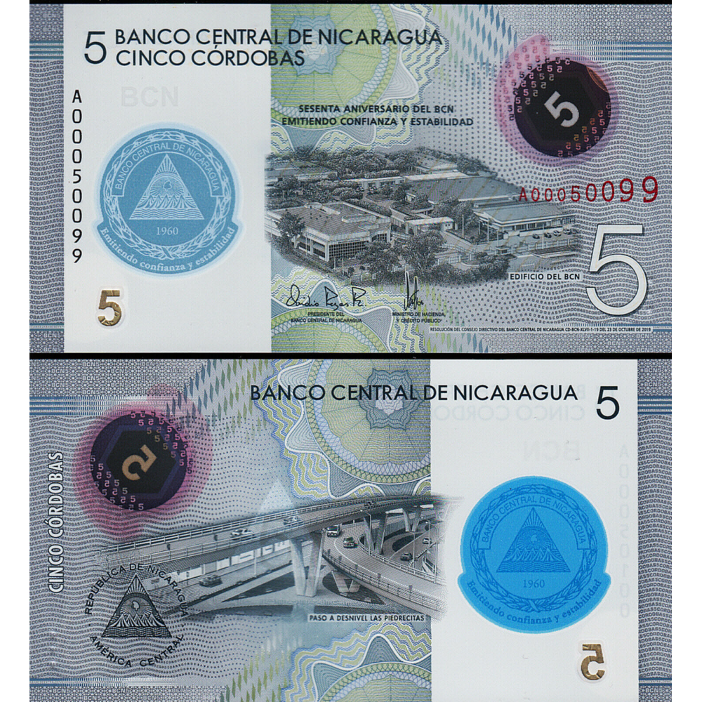 Billete Plástico Nicaragua  5 Córdobas 2019-2020 Emisión conmemorativa - Numisfila