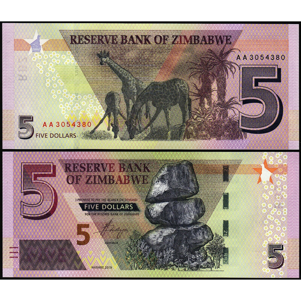 Billete Híbrido Zimbabwe 5 Dólares 2019 - Numisfila